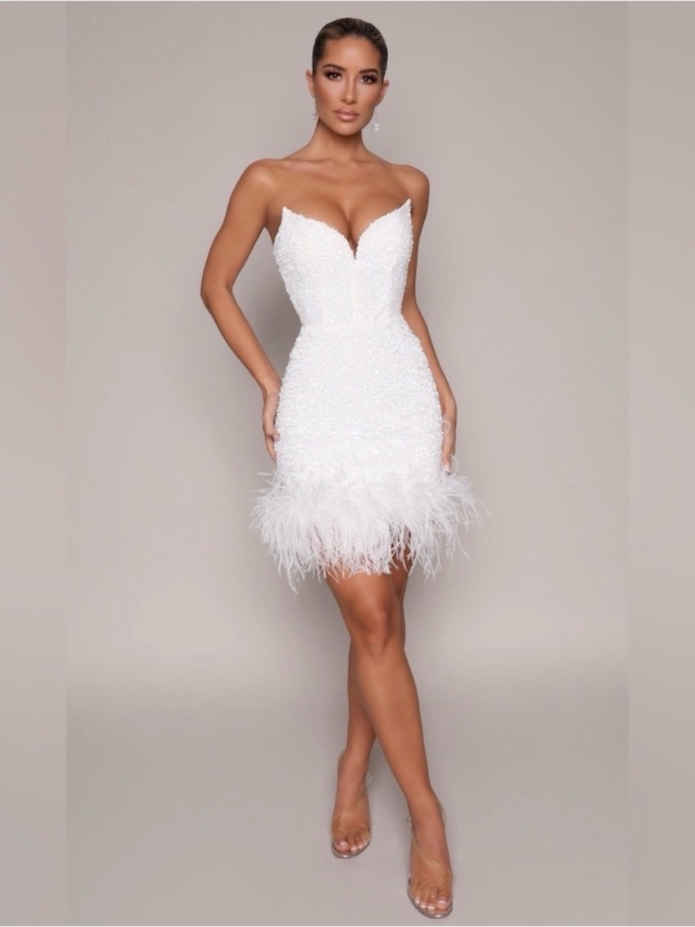 Strapless White Feather-Hem Party Mini Dress